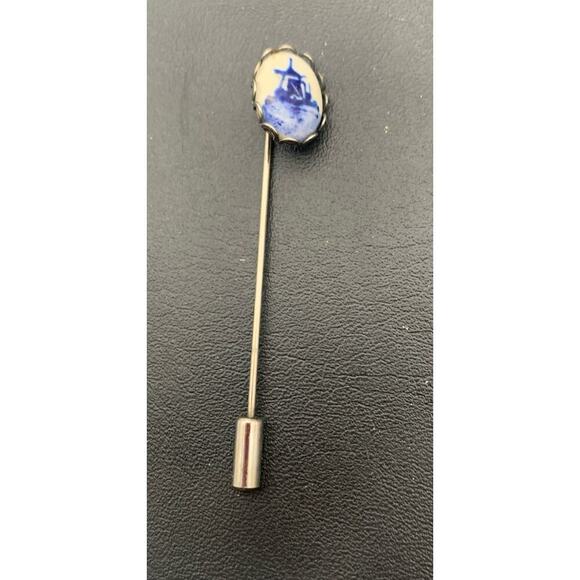 Vintage Delft Blue Porcelain Silver Tone Windmill Stick Pin - Picture 1 of 4